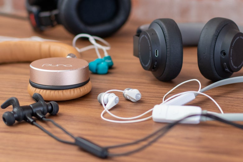 assorted headphones